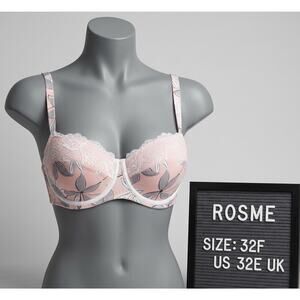 Rosme Bra 32F US 32E UK Pink Floral Lace Cotton Padded Balconette Underwire